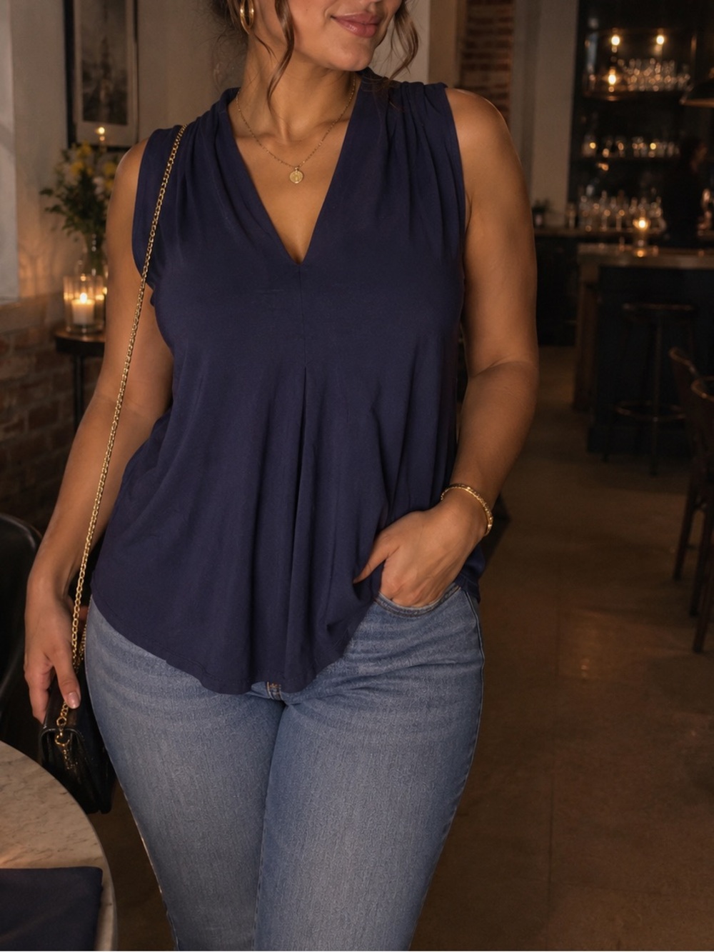 Cable & Gauge Navy Sleeveless V-Neck Blouse Pleated Top XL Office to Evening